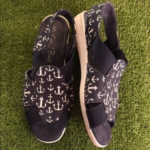 Coral Bay Navy Anchor Print Women's Sandals, Stretchy Slip On , Navy Size 8